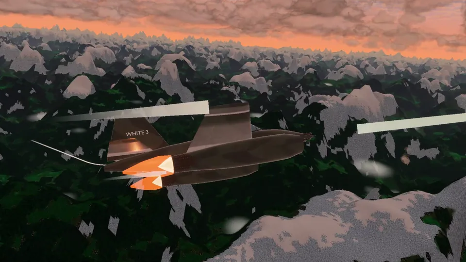 A jet at dusk over the mountains in Jet Combat Sim