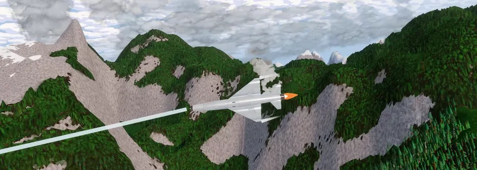 A jet banking past a snowy ridge line