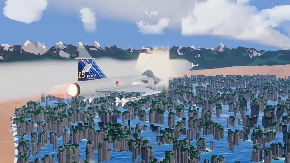 A jet fires a missile low over tropical island towers; open full-size screenshot