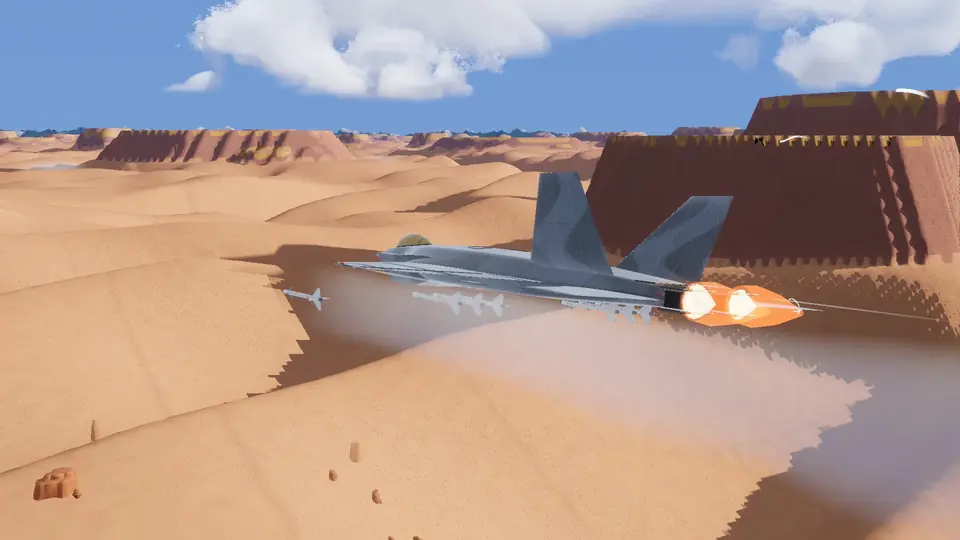 A jet launches a missile low over desert dunes and mesas