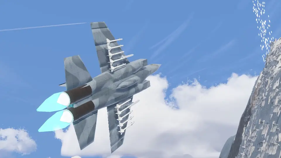 A jet banks on afterburner past a snowy peak; open full-size screenshot