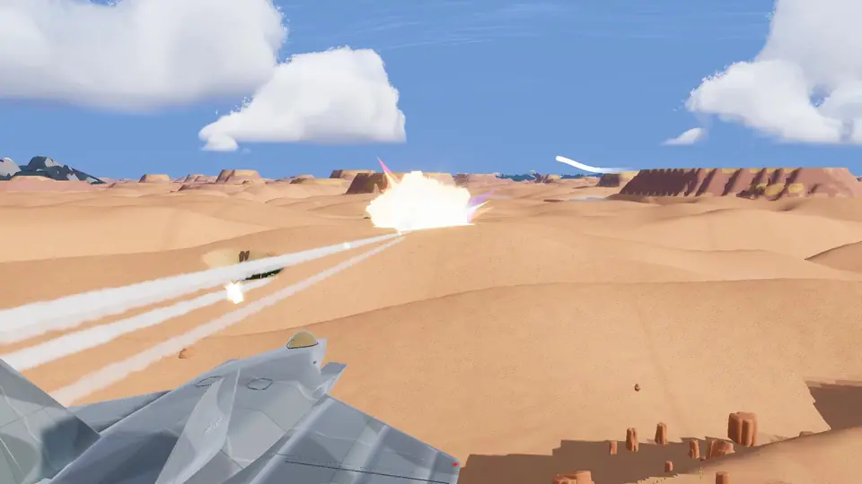 A missile salvo streaks toward an explosion over the desert; open full-size screenshot