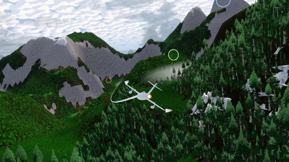 A jet banking low over a green mountain valley